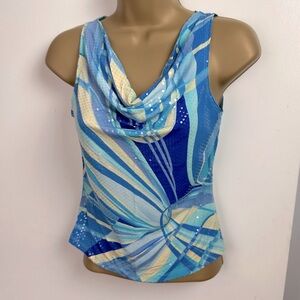 Aurora USA Blue White Clear Shimmer Sequins Y2K Vintage Cowl Neck Abstract Top M